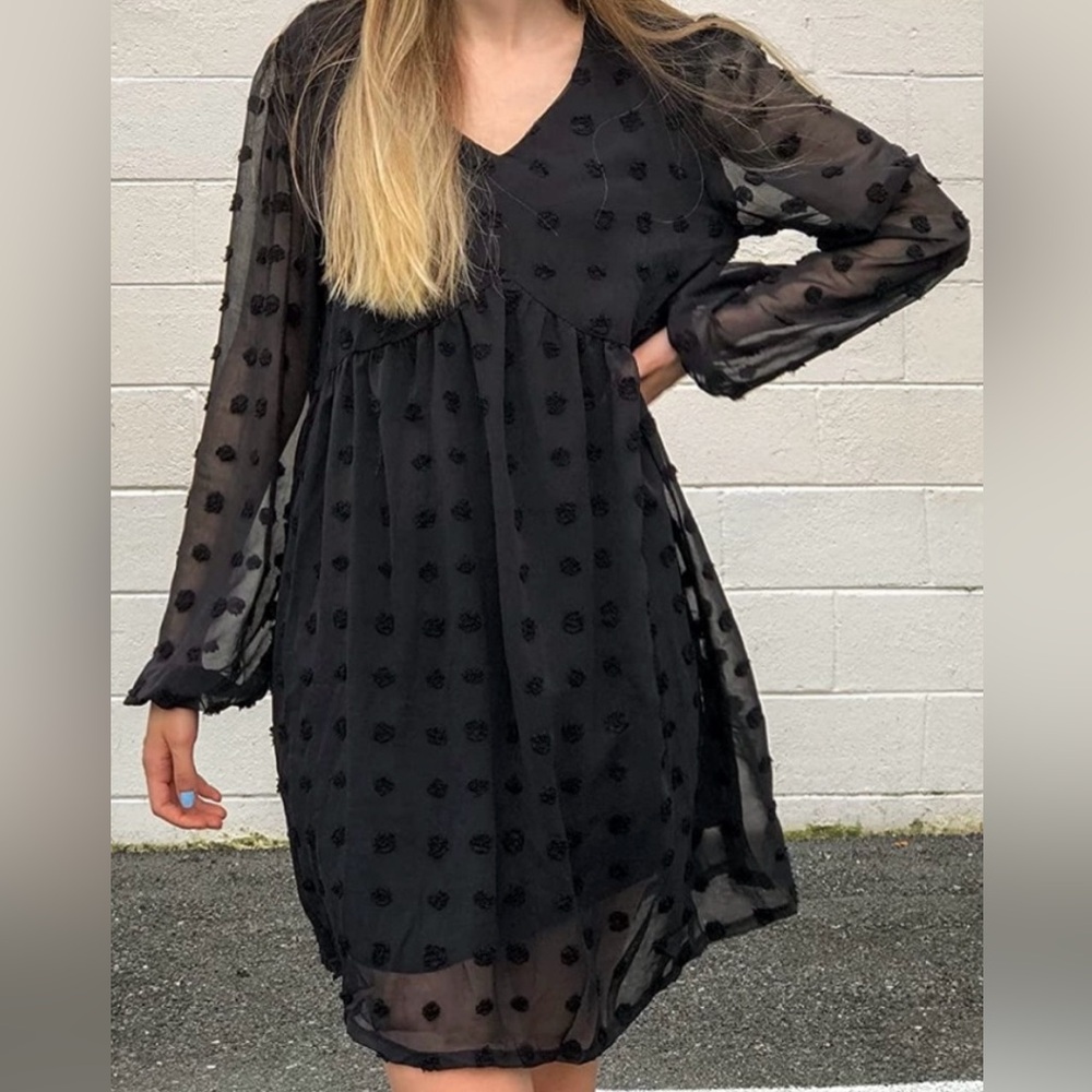 Kirundo Women's Flowy Black Dot Swing Lined Long Sleeve Dress Size L Lightweight